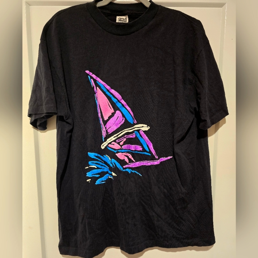 Vintage retro black T-shirt graphic wind surfer single stitch